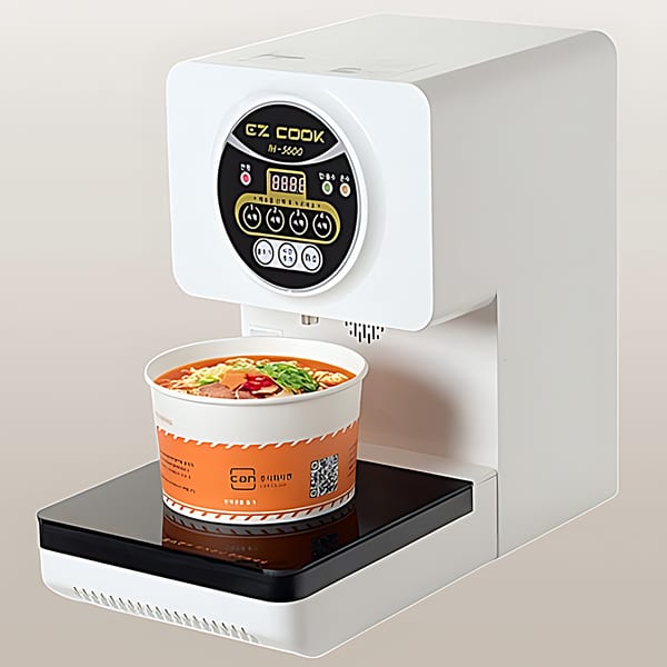A white and black instant noodle dispenser with a cup of prepared noodles.